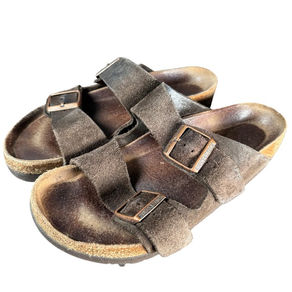 Birkenstock Shoes - Birkenstock Arizona Sandals Women 39 Brown Suede Double Strap Buckle Cork Bottom